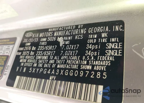 2016 Kia Sorento 2.4L L from USA, damaged, VIN 5XYPG4A3XGG097285